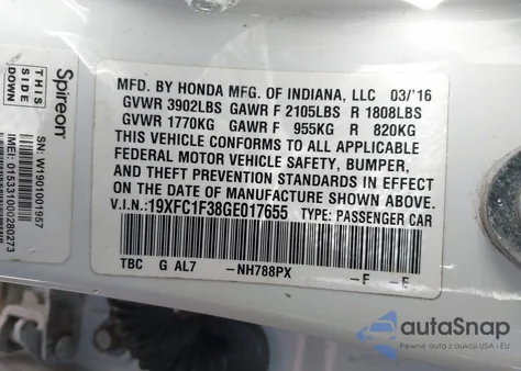 2016 Honda Civic Ex-T from USA, damaged, VIN 19XFC1F38GE017655